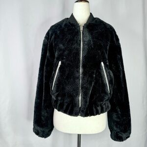 BlankNYC faux fur teddy bomber varsity baseball jacket black zip front Small